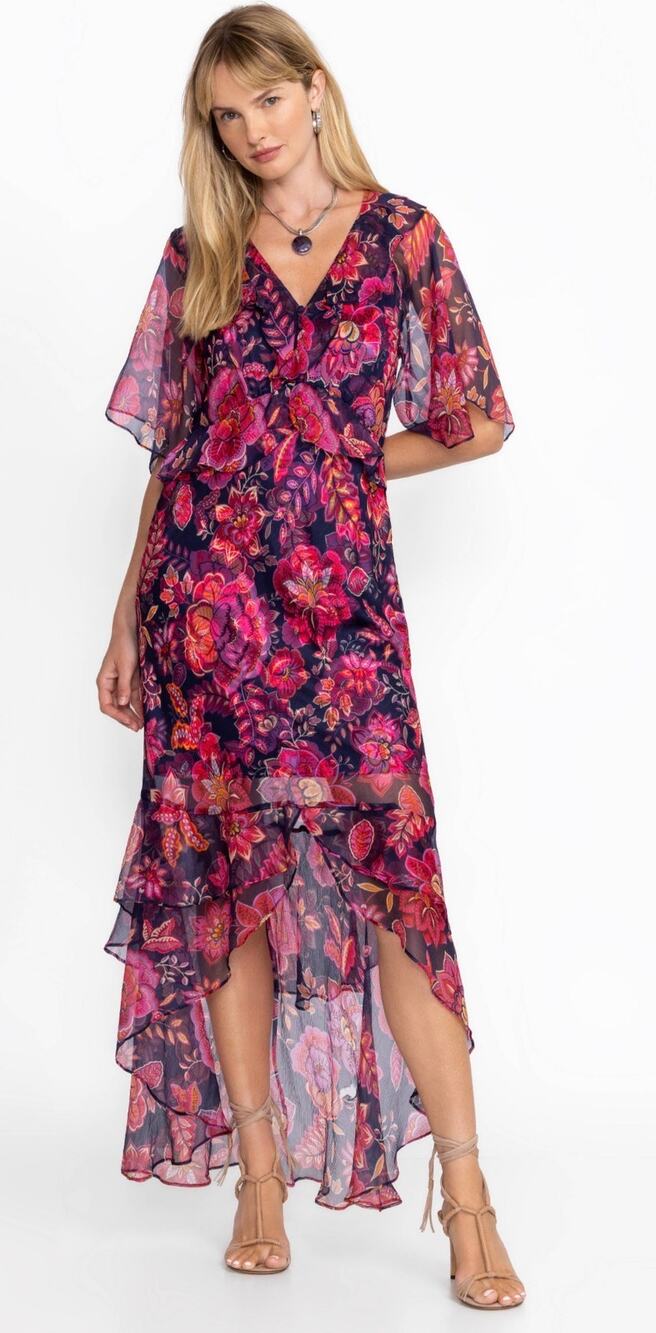 Johnny Was Luxee Silk Ruffle High Low Maxi Dress Blue Pink Print M